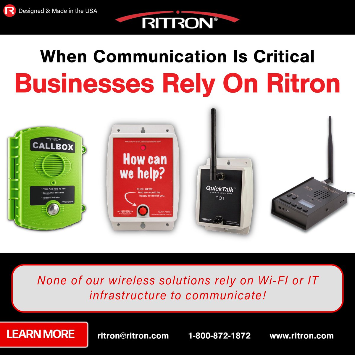 When #communication is critical, don’t rely on #Wi-Fi! Wi-Fi networks can go down unexpectedly, and even during an emergency. At #Ritron, communication failure is not an option! Our wireless solutions don’t rely on Wi-Fi, eliminating the risk of failure and ensuring your messages
