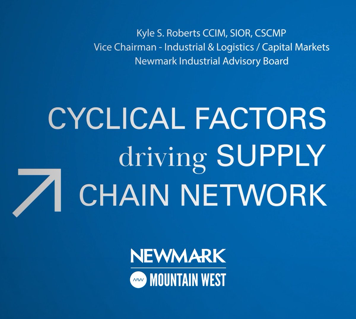 MWCRE_'s tweet photo. Kyle Roberts, CCIM, SIOR, CSCMP, Vice Chairman - Industrial &amp; Logistics / Capital Markets at Newmark Mountain West, illustrates the cyclical factors driving supply chain networks and where the economy currently sits within that cycle.

Watch here:  https://t.co/xMEEM4YE03 https://t.co/t8IoQe1CTw
