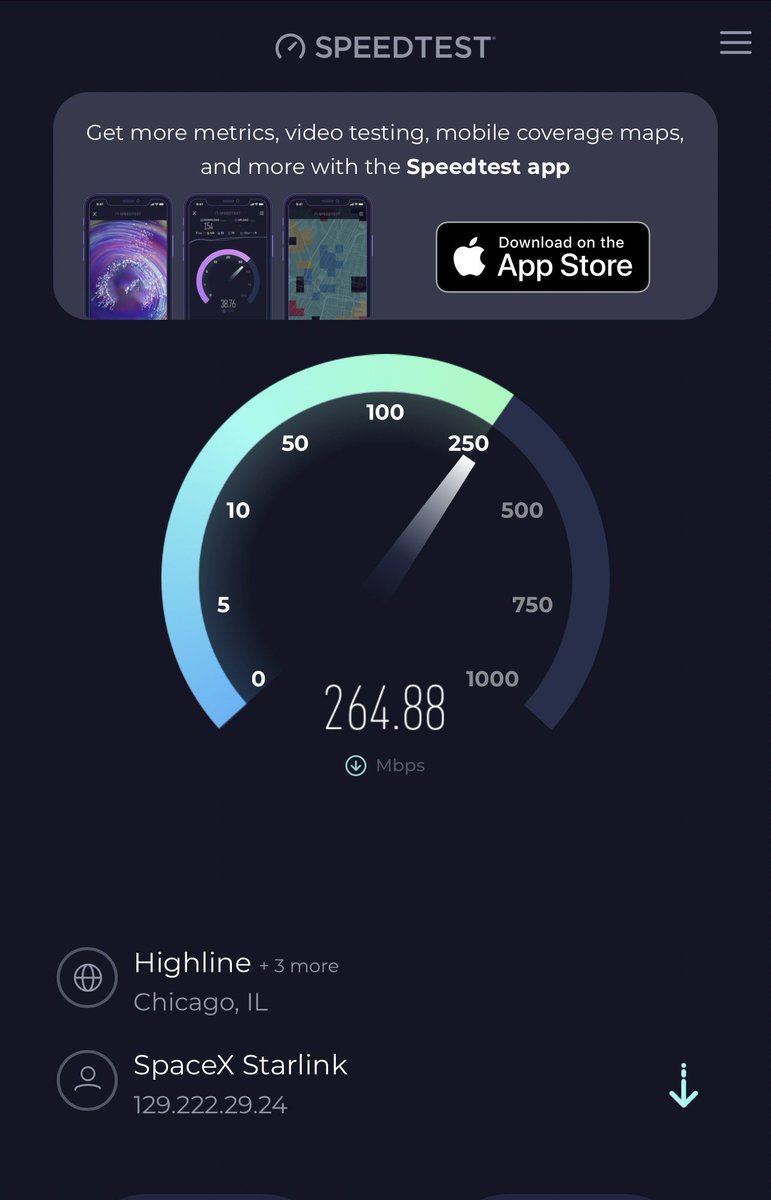 Plyomat's tweet photo. Getting these speeds at 30k feet on a @united flight is truly insane…really feels like “the future” right now. Kudos to @Starlink https://t.co/Qy4qvnXRcp