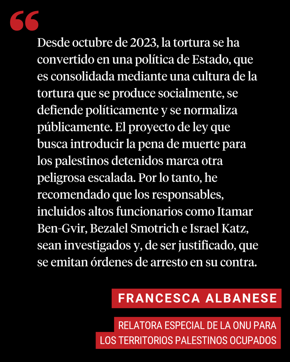 DemocracyNowEs's tweet photo. En Gaza, medios de comunicación locales e internacionales informan que las fuerzas armadas israelíes torturaron a un niño palestino para obtener una confesión de su padre. Según reportes de las cadenas Palestina TV y Al Jazeera, al igual que de otros medios, el padre del niño, Osama Abu Nassar, fue detenido el sábado cerca del campamento de refugiados de al-Maghazi, después de haberse encontrado atrapado en medio de disparos provenientes de soldados israelíes. Nassar se vio obligado a acercarse a un control de seguridad israelí, donde lo separaron de su hijo de 18 meses, lo desnudaron y lo obligaron a observar cómo los soldados le quemaban una pierna al niño con un cigarro mientras le pinchaban la otra con un clavo.

Esto se produce al tiempo que un nuevo informe publicado por la relatora especial de la ONU para los Territorios Palestinos Ocupados advierte que Israel ha estado torturando de forma sistemática a los palestinos, y que la magnitud de dichas torturas "revela una represalia colectiva e intenciones destructivas".

"Desde octubre de 2023, la tortura se ha convertido en una política de Estado, que es consolidada mediante una cultura de la tortura que se produce socialmente, se defiende políticamente y se normaliza públicamente. El proyecto de ley que busca introducir la pena de muerte para los palestinos detenidos marca otra peligrosa escalada. Por lo tanto, he recomendado que los responsables, incluidos altos funcionarios como Itamar Ben-Gvir, Bezalel Smotrich e Israel Katz, sean investigados y, de ser justificado, que se emitan órdenes de arresto en su contra", expresó la relatora especial de la ONU para los Territorios Palestinos Ocupados, Francesca Albanese.