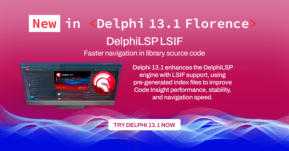 EmbarcaderoTech's tweet photo. 𝐍𝐄𝐖 𝐢𝐧 𝐃𝐞𝐥𝐩𝐡𝐢 𝟏𝟑.𝟏 𝐅𝐥𝐨𝐫𝐞𝐧𝐜𝐞 ✨

Delphi 13.1 enhances the DelphiLSP engine with LSIF support, using pre-generated index files to improve Code Insight performance, stability, and navigation speed.

Explore what's new:  https://t.co/ZNDenzzarn 
#RADStudio #Delphi#Developers #DevTools #Coding