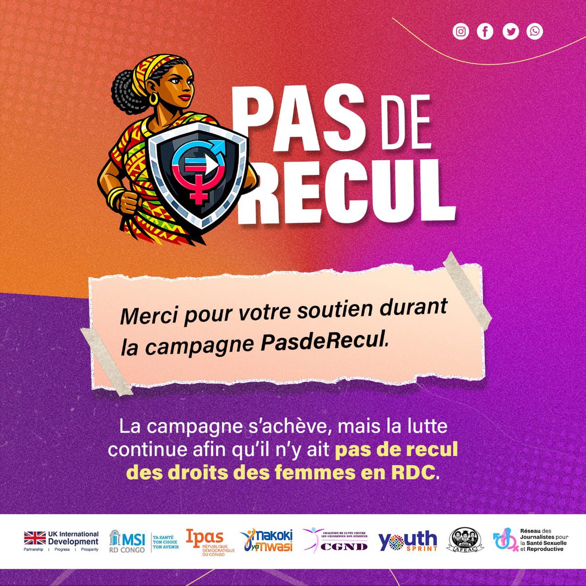 Promesseba's tweet photo. #PASDERECUL 

La campagne PASDERECUL s'achève ce soir,mais notre lutte continue pour qu'il n'y ait pas de recul des droits des filles et femmes en RDC.

Protégeons les Acquis du Protocole de Maputo.

@Presidence_RDC @fatshi13 @MinSanteRDC @mingefae @rogerkamba @CsmCsmrdc2022 https://t.co/osy1RPsfio