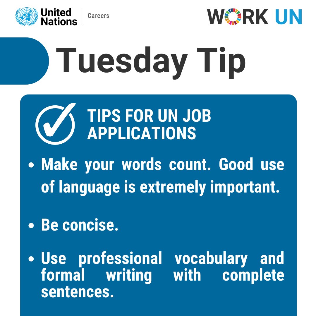 UN_Careers's tweet image. ⁉️Tuesday Tip 

Make every word count in your UN application. Be concise, use professional language, and write clearly.
Apply: careers.un.org

#UNCareers #TuesdayTip #Work4UN