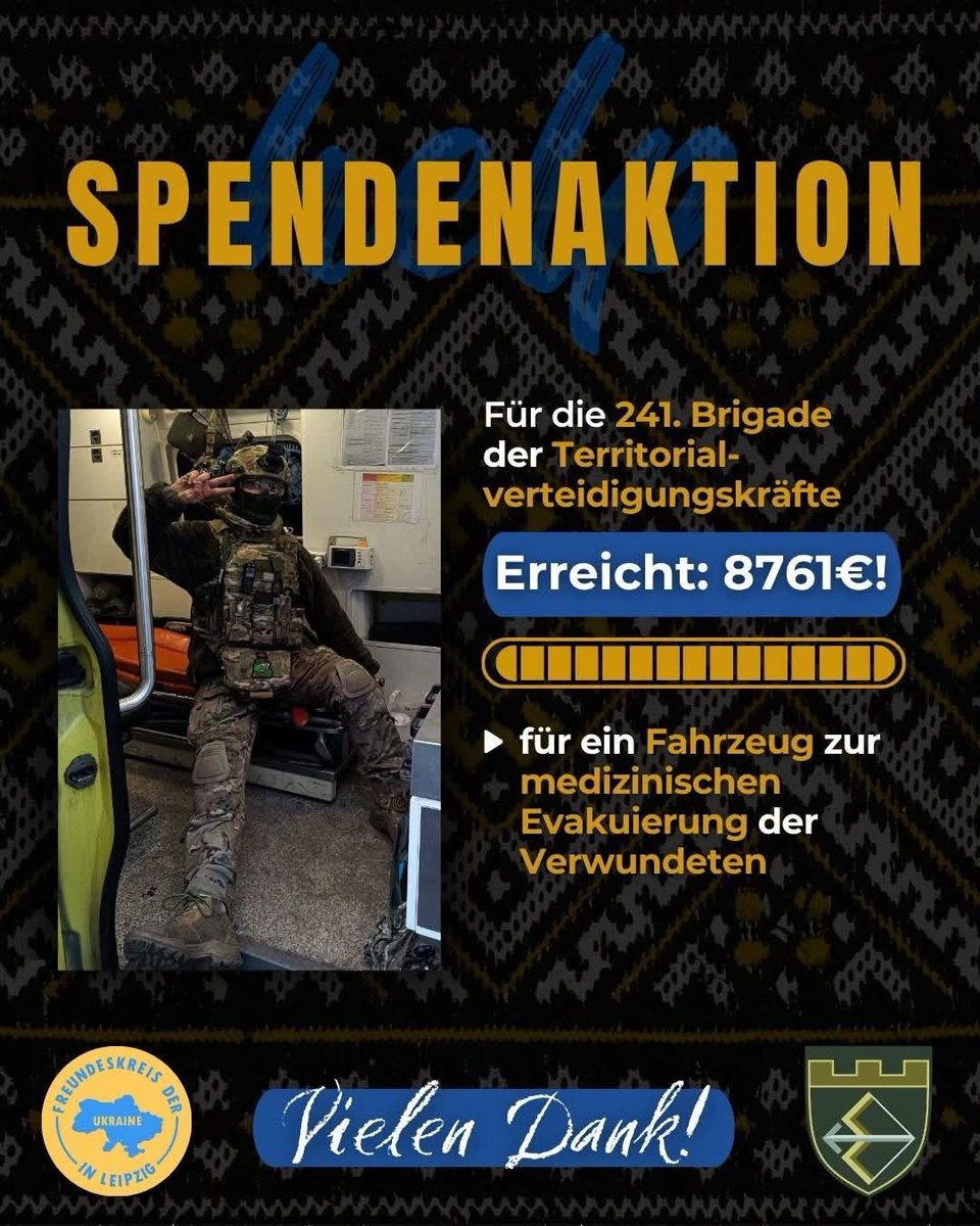 FKUkraineLE's tweet photo. Letztes Jahr haben wir einen Spendenaufruf für ein Fahrzeug zur medizinischen Evakuierung der  verwundeten Verteidiger:innen veröffentlicht.

Dank eurer Unterstützung konnten wir die Summe von 8761 Euro sammeln! Herzlichen Dank!

1/2 https://t.co/d8vBr4lBlD