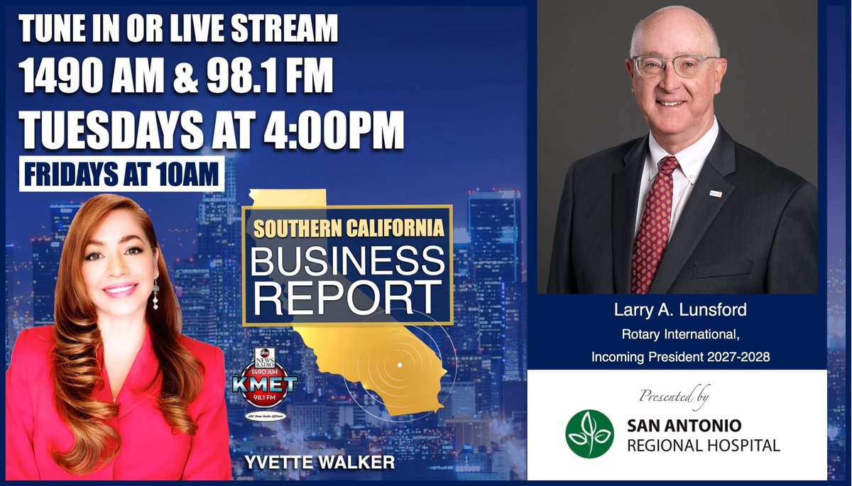 TODAY @ 4pm - <a href="/KMETRadio/">KMET1490AM</a> 98.1FM 
&amp; FRIDAY @ 10am
KMETTV: vimeo.com/event/4790975/…

Meet Larry Lunsford, <a href="/Rotary/">Rotary International</a> International's 2027-28 Rotary President—a visionary with a heart for service and a mind for leadership, ready to lead over 1.2 million Rotarians worldwide. 
<a href="/ABC/">ABC News</a>