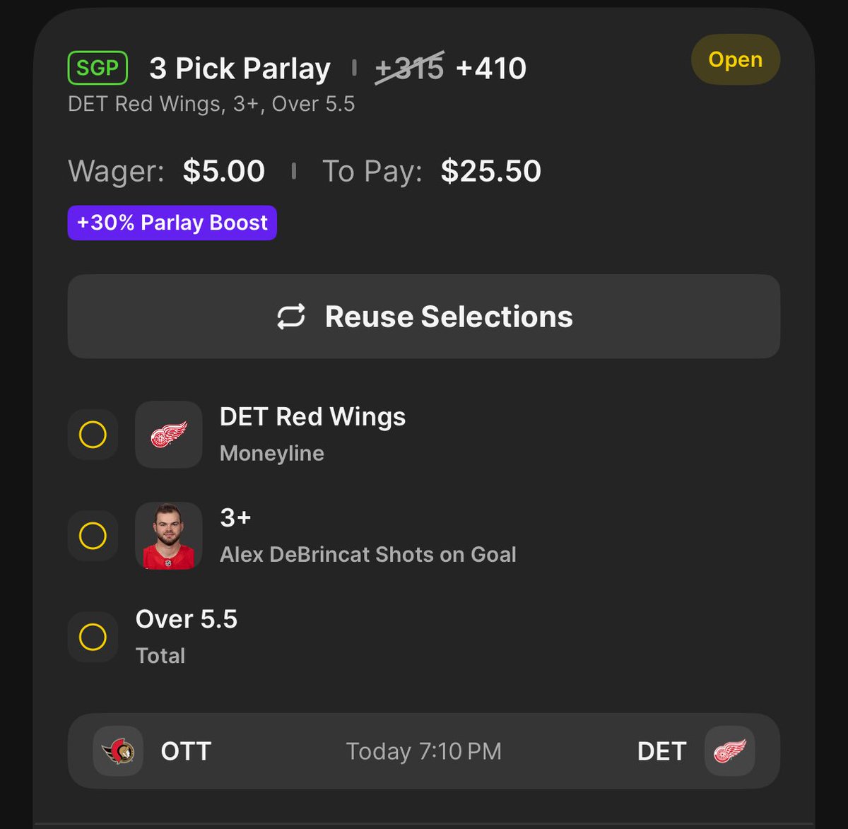 _Chirrps's tweet photo. Redwings SGP;
ML
Over 5.5
DCat 3+ Shots 
+410 
#LGRW #draftkings
@BizNasty2point0 +30% boost https://t.co/eM5FWKGEby