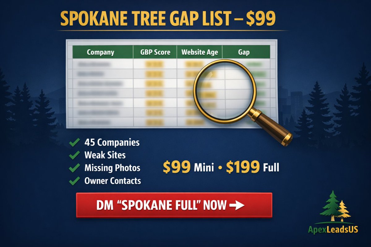 ApexLeadsUS's tweet photo. 💰 Spokane Tree Service List – Ready to Ship

45 independent arborists & tree removal companies
→ Filtered for weak websites + major GBP gaps
→ Owner names, phone, GBP links, gap notes

$99 Mini (20 companies)  
$199 Full Pack

Same-day delivery.  
DM “SPOKANE FULL” and I’ll send sample + invoice.

First 3 buyers today get 1 free extra gap report.