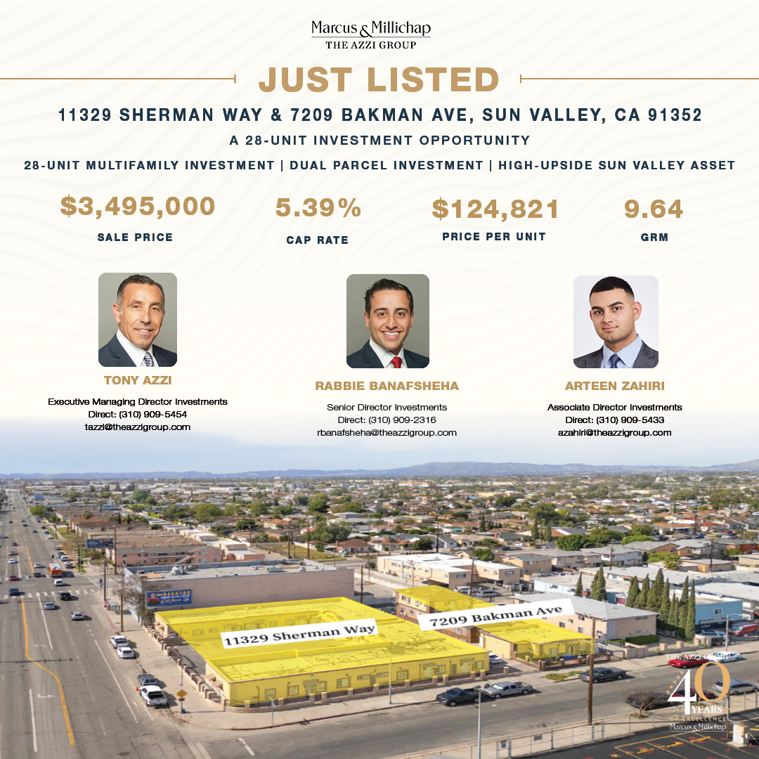 TheAzziGroup's tweet photo. ✨ Just Listed

🏢 11329 Sherman Way &amp; 7209 Bakman Ave, Sun Valley
🏠 28 Units | 2 Parcels
💰 $3,495,000 | 5.39% Cap | 9.64 GRM
🔥 Strong in-place cash flow + ~40–50% rental upside
📩 DM for OM

#CRE #Multifamily #JustListed #LARealEstate https://t.co/n8VRo6J9sc