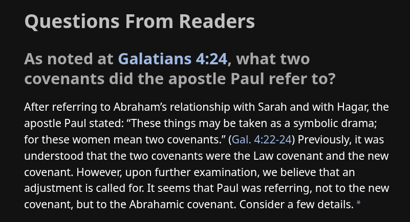 Galatians 4:24

What two covenants did the apostle Paul refer to?

After referring to Abraham’s relationship with Sarah and with Hagar, the apostle Paul stated: 

These things may be taken as a symbolic drama;
for these women mean two covenants.

jw.org/en/library/mag…
