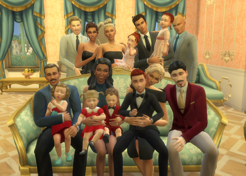 MitchiBSim's tweet photo. The Capp Family 
Consort, Contessa, Goneril (pregnant), her husband Albany and children Miranda, Desdemona and Hal, Regan, her husband Cornwall, Kent, Cordelia with her husband Caliban and children Tybalt, Juliette, and Hermia. 
This pose took FOREVER to accomplish 🏆#thesims4 https://t.co/zAF3sGd9cx
