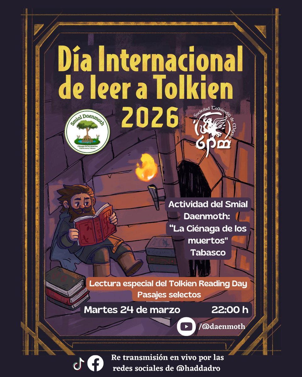 STolkiendiliMex's tweet photo. #Enterate Nuestro Smial Ciénaga de los muertos tendrá sesión especial de lectura en voz alta para celebrar el Día Internacional de leer a #Tolkien

Conéctate a su canal de YouTube a partir de las 22:00 h 

#YoLeoATolkien en el #TolkienReadingDay con la #STMAC y el #SmialDaenmoth https://t.co/6HYCsURTbi