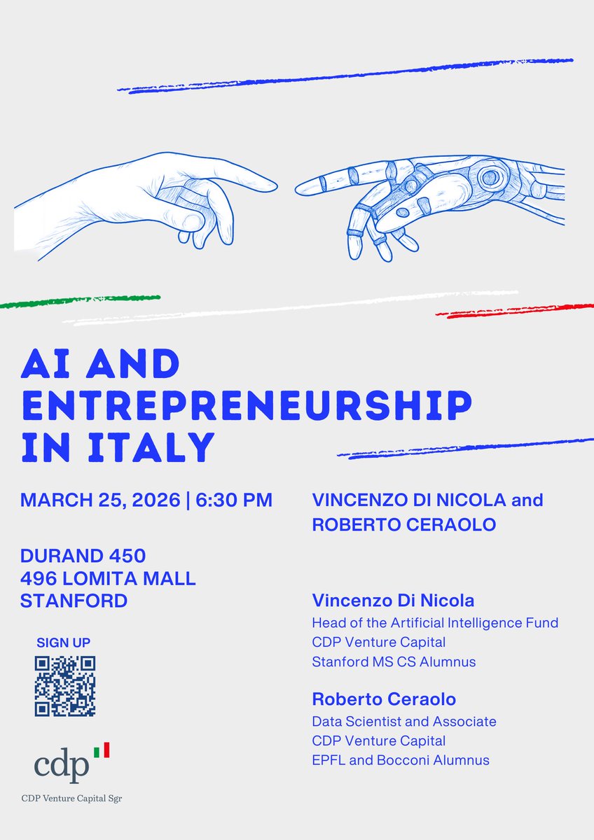 vincenzo's tweet image. Wonder how #Italy 🇮🇹 can help you build your AI startup? 
Be at #Stanford tomorrow at 6:30pm 🙂
#CDPVentureCapital

Registration link in the comment ⬇️