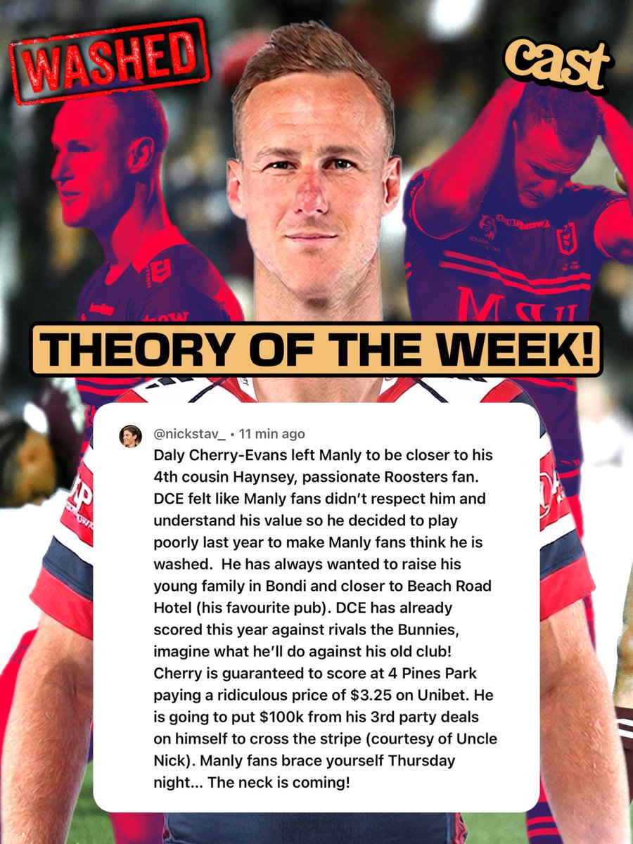 thecastpatrol's tweet image. These conspiracies are getting out of hand. 🧌

Does Nick Stav know anything about NRL or is this just pure rage bait? 🤔🤷‍♂️🏉

#conspiracies #nrl #theory #NRLManlyRoosters
