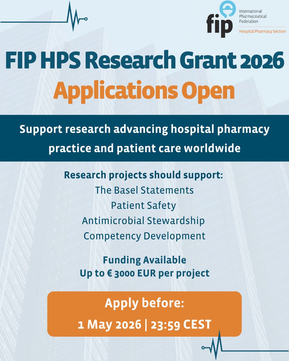 FIP_HPS's tweet photo. FIP HPS Research Grant Now Open!

This grant supports research aligned with the revised Basel Statements

Review the FIP HPS Research Grant Application Guide and submit by May 1.

More info: https://t.co/DvVvzZX6AD 

Let’s advance hospital pharmacy practice together https://t.co/CM2mLtsgVz
