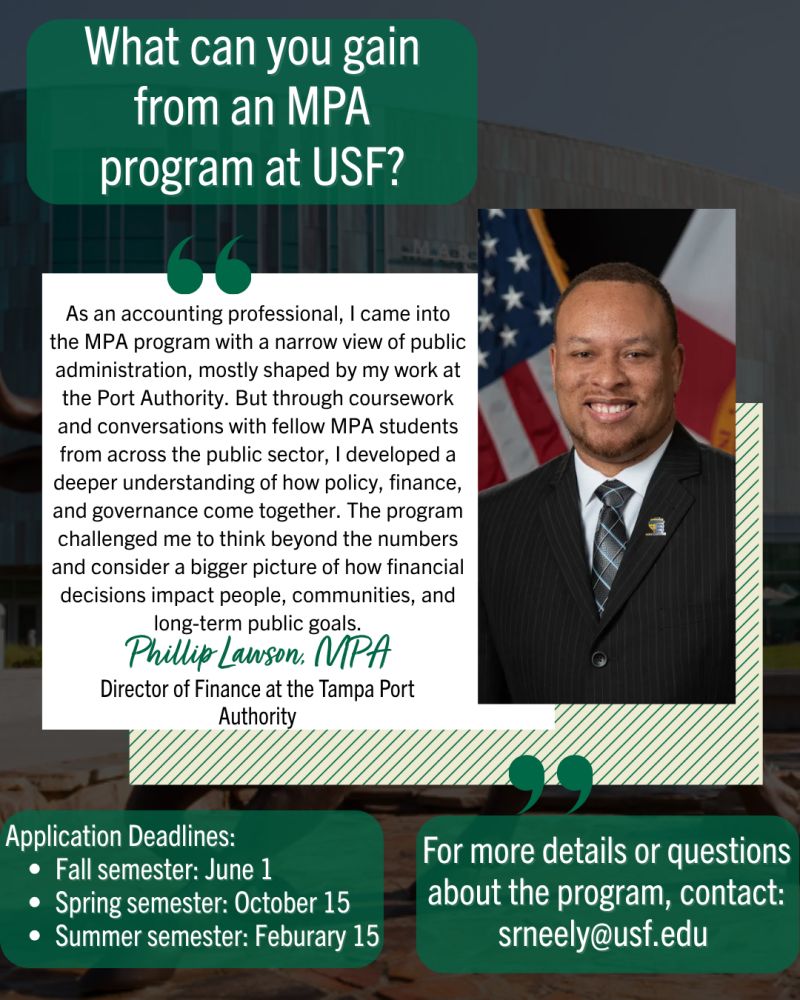 usf_spa's tweet photo. 📢 Are you interested in a career in local government?

Hear from one of our #MPA students, Phillip Lawson, as he explains how the MPA program @USouthFlorida broadened his perspectives &amp; prepared him to make meaningful impacts in his community. #GoBulls🤘

@CASatUSF https://t.co/r4CLalNft2