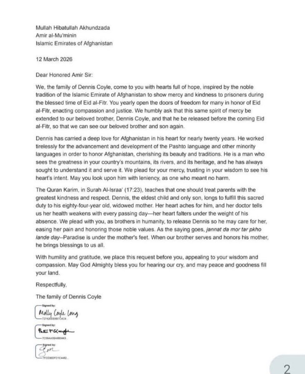 warfareanalysis's tweet image. ⚡️Afghan media:

The Amir of the Islamic Emirate of Afghanistan, Sheikh Akhunzada, ordered the release of American prisoner Dennis Coyle,, who had been detained for violating local laws, after receiving a letter from Dennis’s family (photo of the letter).

Meanwhile, the family