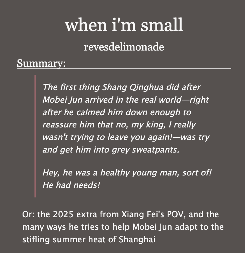 revesdelimonade's tweet photo. #moshang ・when i'm small・8.9k words 🔞

❄️ set during the 2025 post-canon extra
❄️ mobei jun struggles to adapt to the stifling summer heat
❄️ sqh/xiang fei struggles with... himself

written for Jade (@/RainbowButterFrosting) for the @MoshangEvents #DxD event! #teamMBJ

🔗🔽 https://t.co/wuPO77VO3X