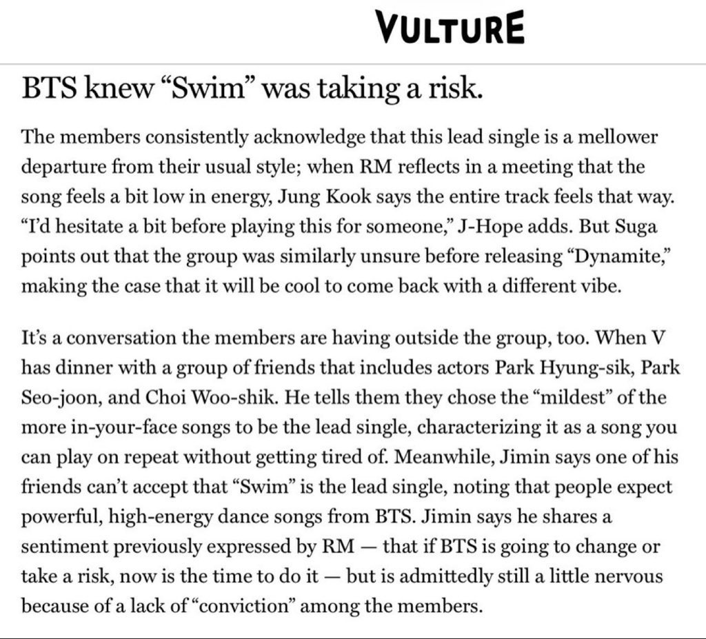 Wooga squad was mentioned in Vulture article!

7 Revealing moments from BTS album making documentary via Vulture 

BTS knew “Swim” was taking a risk 

“When V has dinner with a group of friends that includes actors Park Hyungsik, Park Seojoon and Choi wooshik. He tells them they