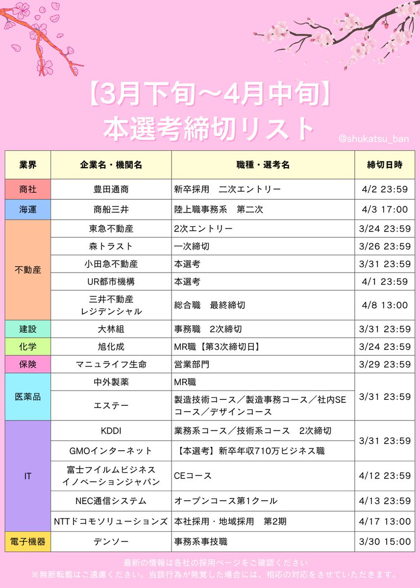 shukatsu_ban's tweet photo. \東京ガス、森永製菓、東宝などが締切間近📢/
【3月下旬～4月中旬の本選考締切リスト🌷】
4月中旬までの27卒向け本選考締切をまとめました！
志望業界をぜひチェックしてみてください✅ https://t.co/FFk4gM3cNt