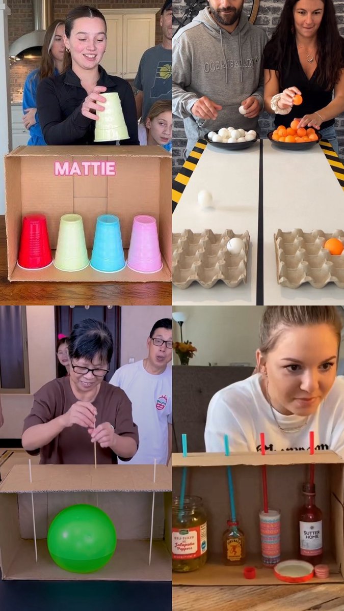 candelarg's tweet photo. + ideas: 
-noche d juegos tipo estos;
-el d los vasos tienen q lograr formarlos como están puestos en la hilera d abajo
- 2do juego es tipo beerpong
-3ro: van metiendo pinches y la idea es no explotar el globo
-4to: son distintas bebidas,tienen q ir probando y adivinar cuáles son https://t.co/fCCeWahyL3