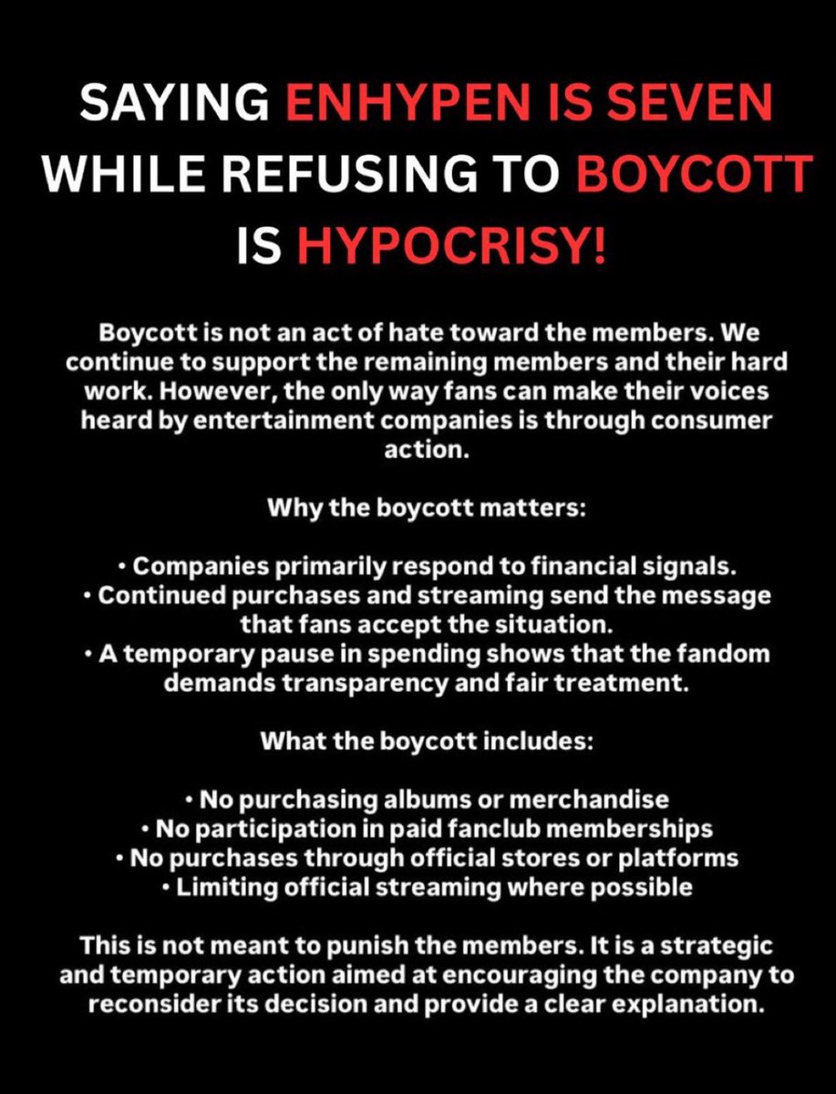 i8lhee's tweet photo. It isn’t hard to boycott & not buy anything from the company , it isn’t hard to look into the situation & get the evidence it isn’t hard to HELP get this out & realize the extent of the damage.

Enhypen are HUMANS being used for a company’s own GREED & MONEY. yes they have been getting mistreated since day one & the boycott didn’t happen then but it’s happening now.

They have endured being overworked , mistreated, & abused it is now time for us to continue to spread awareness for ALL of the members. the reason why we want to boycott is so we can simply show that spreading awareness works.

If we don’t continue to do this now then that means the company will continue to mistreat & abuse them regardless if heeseung has a solo career or not we HAVE to do something.

This isn’t just a joking matter anymore this is something we have to take seriously because this could happen to any other group under the company. like i said continue to boycott belift & spread awareness about this.