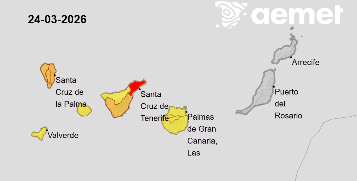 24/03 20:30 AVISOS HOY Y MAÑANA | Canarias: lluvias, tormentas y vientos. Nivel máximo de aviso: rojo.

Actualizaciones en:

aemet.es/es/eltiempo/pr…

Mensaje generado manualmente por emisión de aviso rojo observado en Tacoronte - Área Metropolitana de Tenerife.