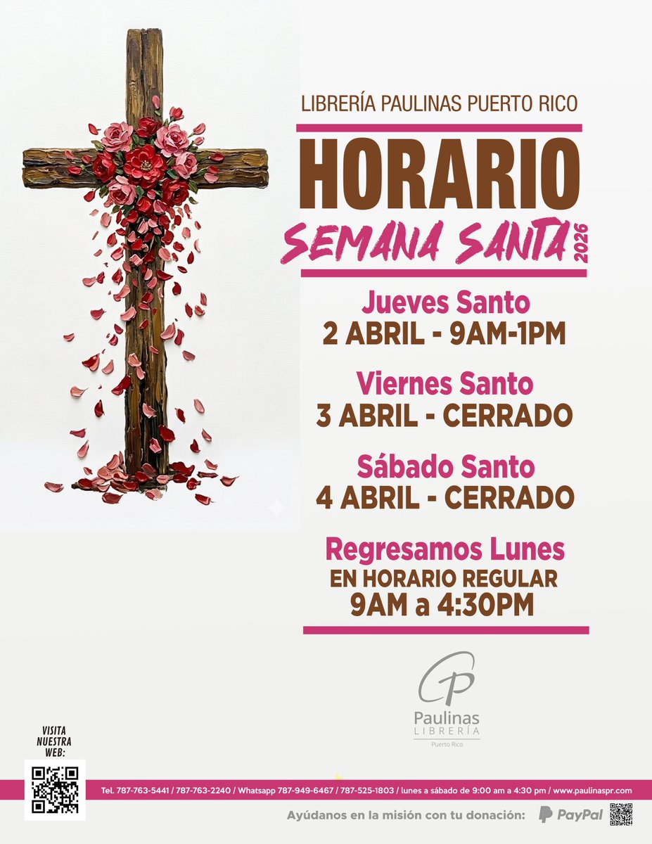 PaulinasPR's tweet photo. Horario de #SemanaSanta en Librería Paulinas en San Juan de #PuertoRico https://t.co/tZphU5DB91