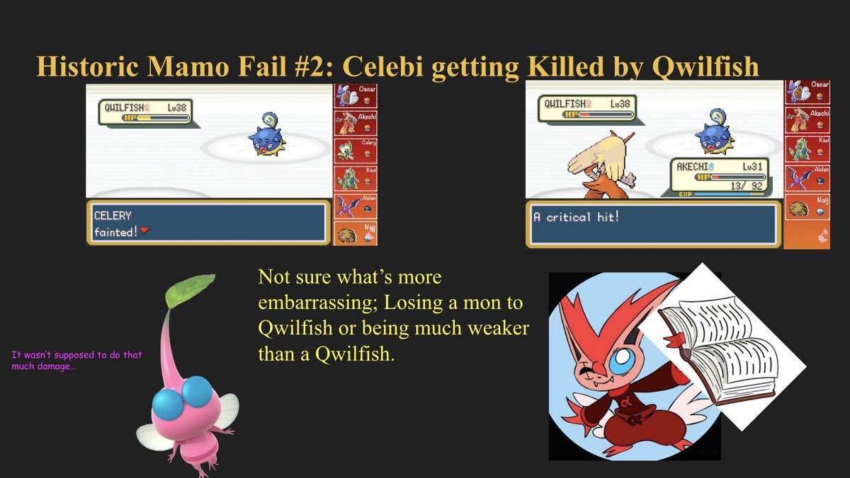jared_fayette's tweet photo. For our second day of going over Mamo’s historic fails, we have the time that a Mamo let a Qwilfish murder a Celebi, a Qwilfish that he taunted and mocked that I might add. 
And a bonus! That same Qwilfish almost murdering another party member of Mamo's soon after. https://t.co/i5o3uyy6bA