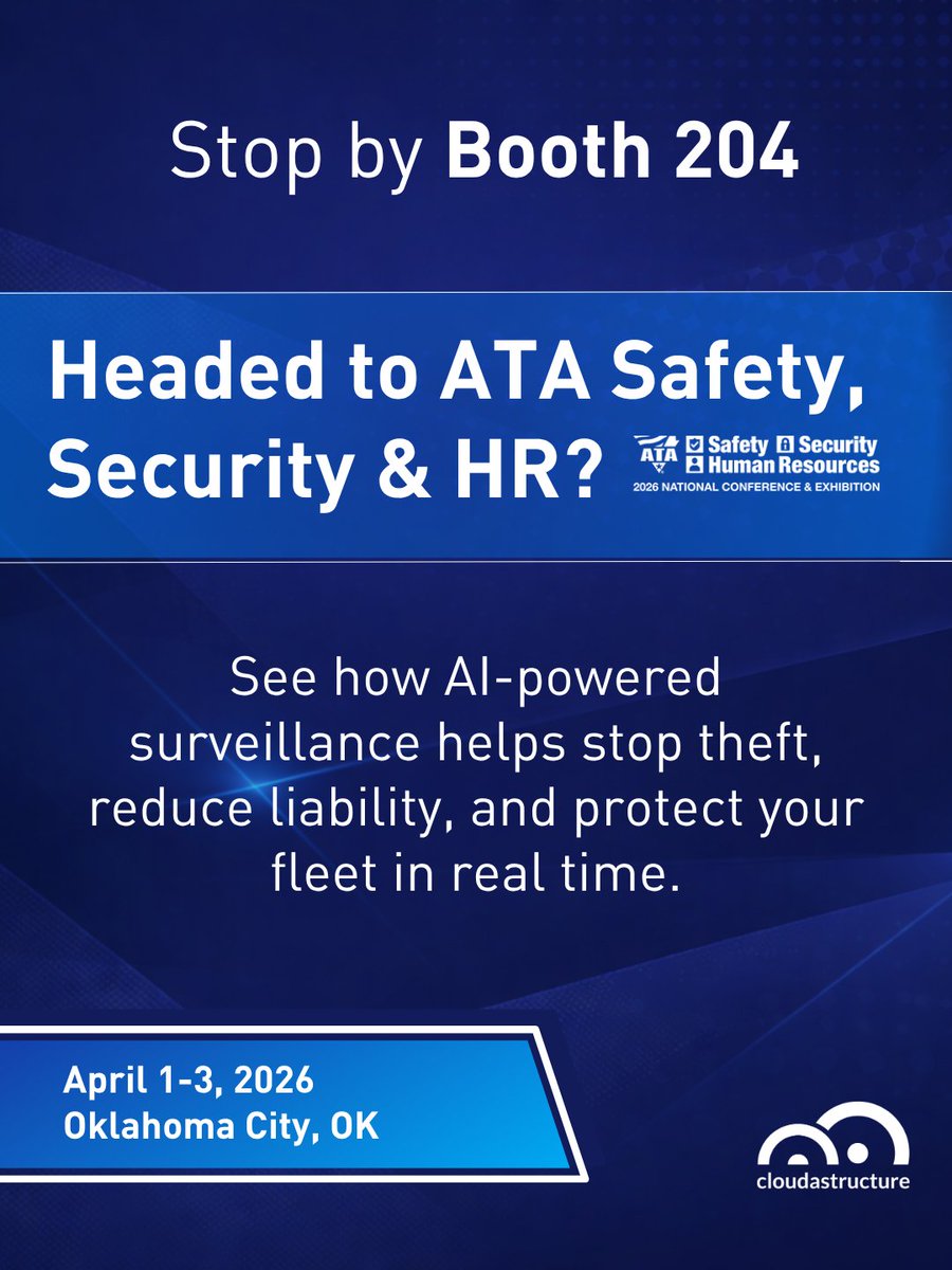 cloudastructure's tweet image. Heading to ATA Safety, Security &amp;amp; HR?
Come find us at Booth 204 👋

See how AI-powered surveillance is helping fleets stop theft and reduce liability in real time.

#ATAShow #TruckingIndustry #FleetSecurity #AISurveillance #Logistics #SupplyChainSecurity #RemoteGuarding