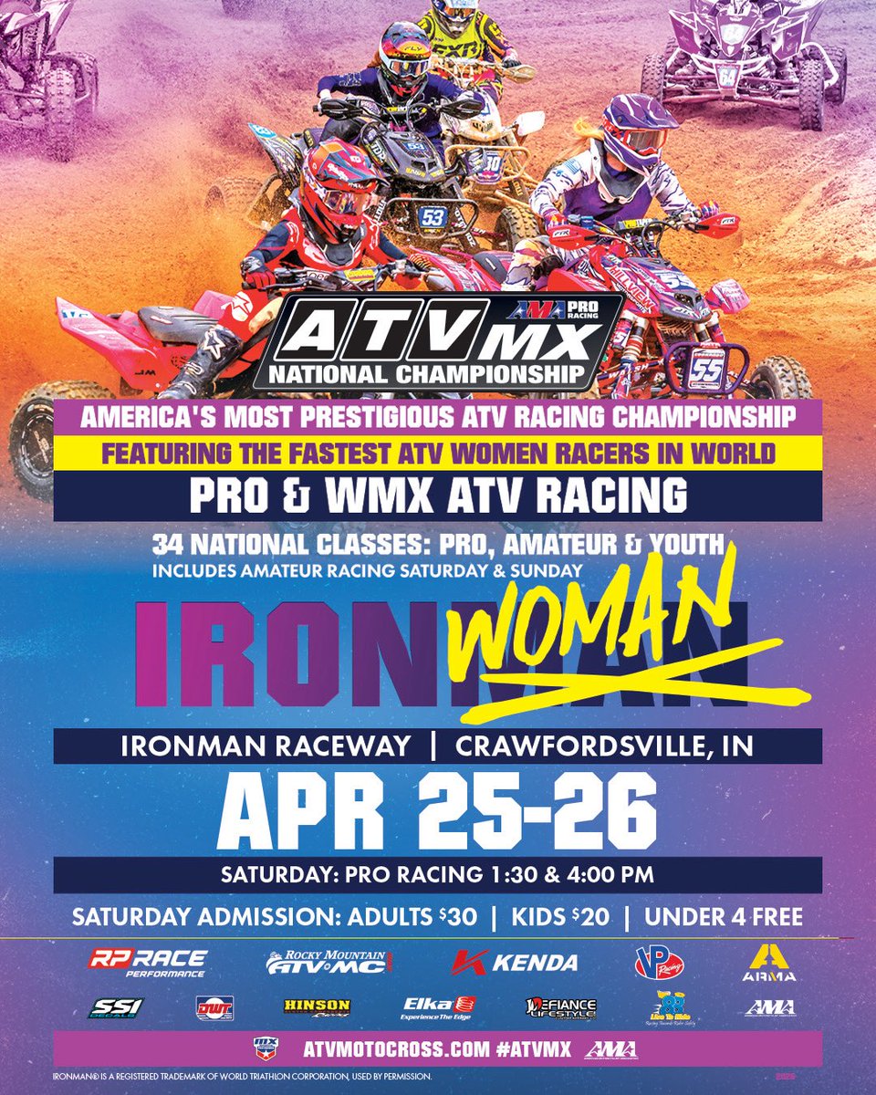 IronmanRaceway's tweet photo. Join us April 25-26th for IronWoman 💪

ATV Motocross is back in Indiana for Round 3 featuring the fastest ATV Women Racers in the world‼️ Plan your trips, pre-register and get your tickets online at https://t.co/TojeUAr4ep 

@atvmotocross @ironmanmx #ATVmotocross #IronmanRaceway https://t.co/xNe01knomJ