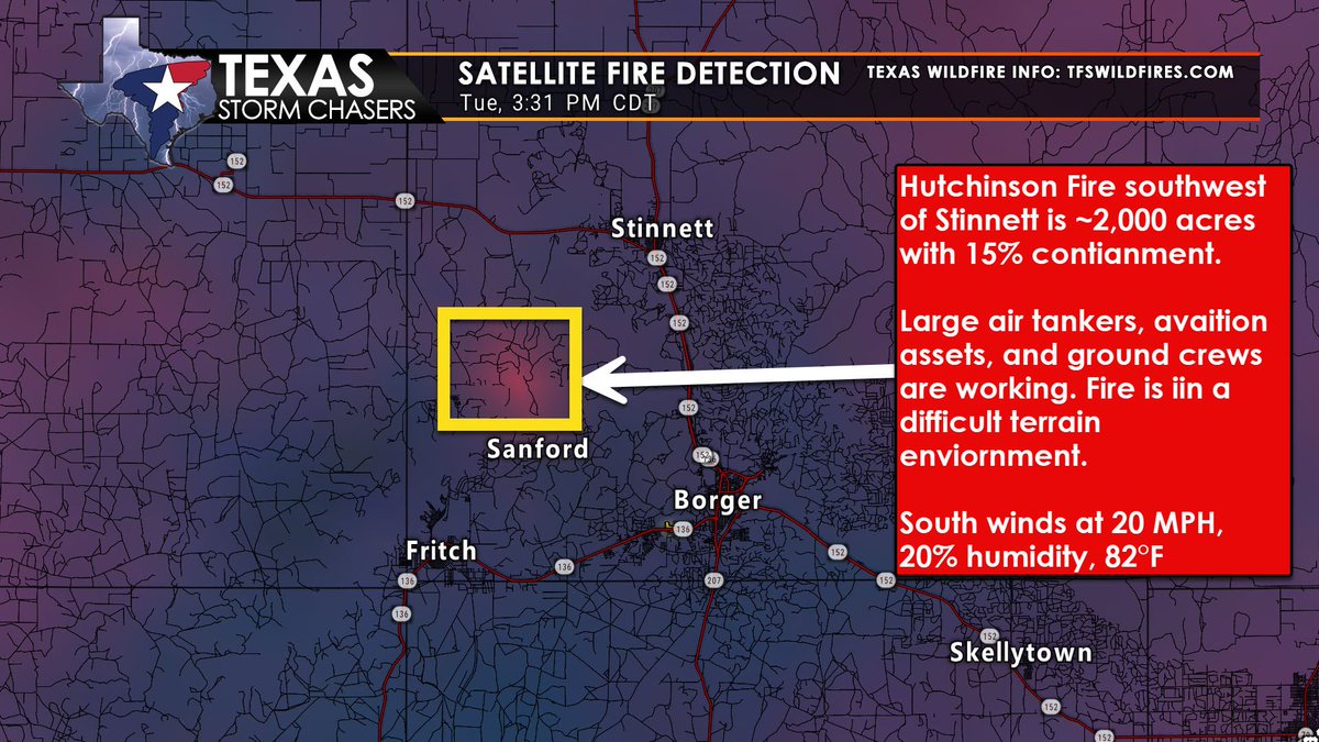TxStormChasers's tweet image. 335PM: Satellite fire detection highlights the Hutchinson Fire southwest of Stinnett in the Texas Panhandle. Current estimate: ~2,000 acres with 15% containment. Crews and air tankers are working the fire in difficult terrain. See WatchDuty for updates. #TXwx #wildfire