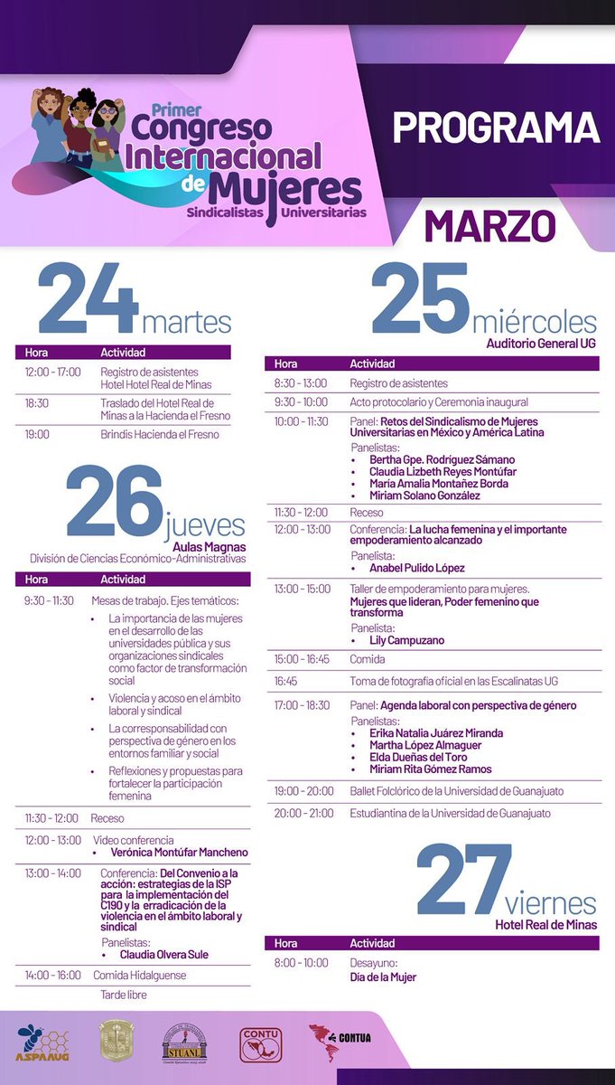 💜🐝 Conoce el programa de actividades y participa en el Primer Congreso Internacional de Mujeres Sindicalistas Universitarias.
Realiza tu registro 👉🏽 aspaaug2015.com/MuSiUni/
¡Te esperamos del 25 al 27 de marzo en la Universidad de Guanajuato!