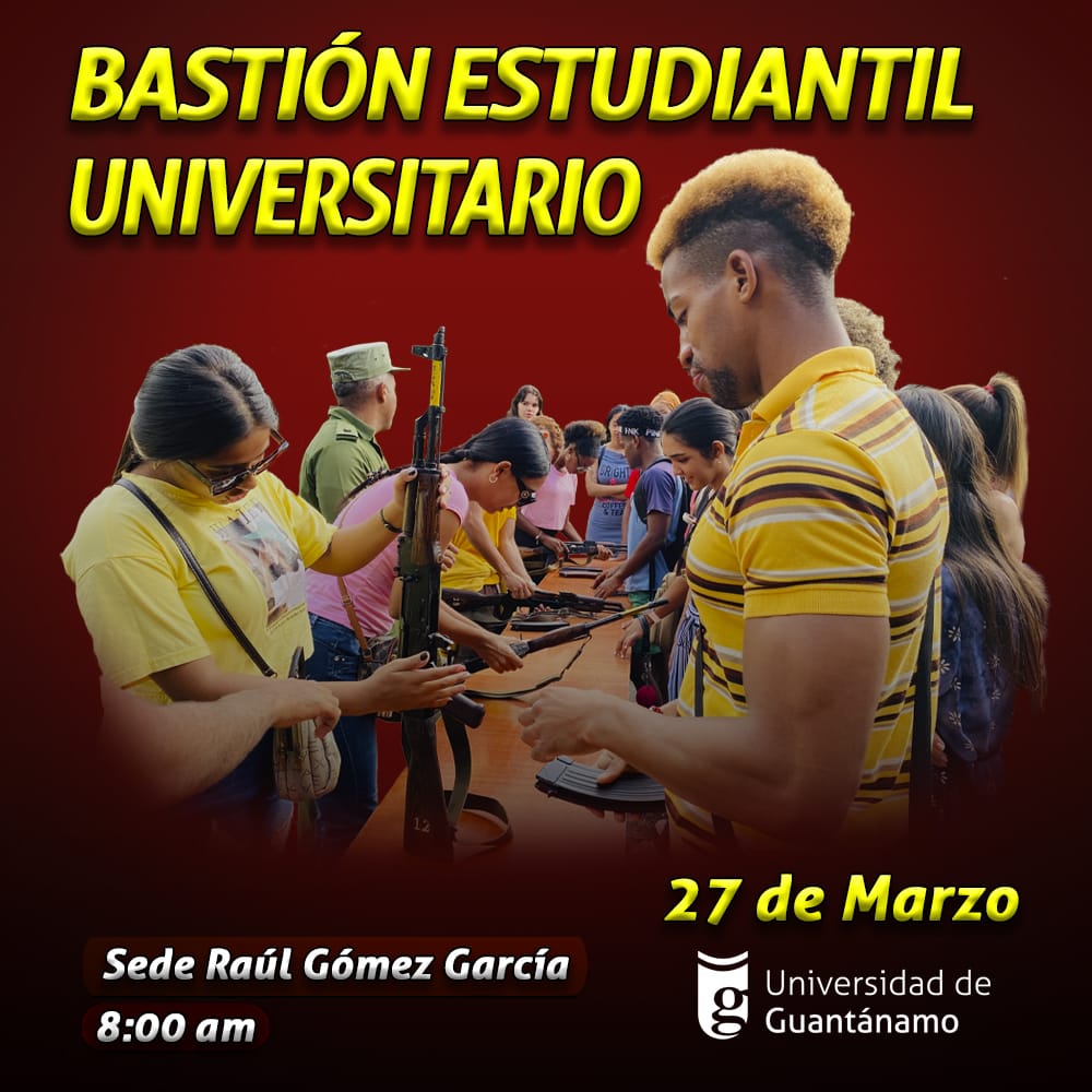 UG_Cuba's tweet photo. 📢 ¡Atención! 📢

😁🏛 La @UG_Cuba convoca a profesores, alumnos y trabajadores en general a participar el 27 de marzo en el Bastión Estudiantil Universitario. ✊🇨🇺📢

#UniversidadCubana #50mesaños #100AñosConFidel #CubaEstáFirme #GuantánamoNoSeDetiene https://t.co/8cofAnveyk