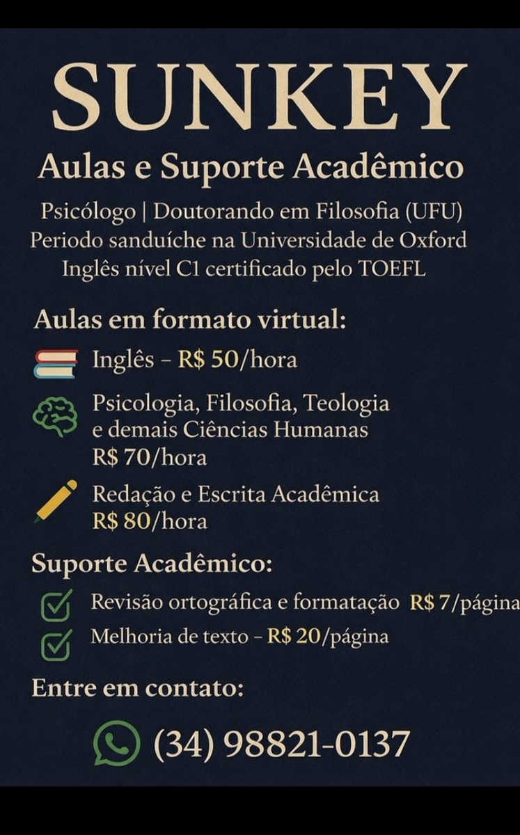 _Sunkey's tweet photo. AULAS E SUPORTE ACADÊMICO

Está precisando de ajuda com inglês, filosofia, psicologia ou escrita acadêmica? Estou oferecendo aulas particulares e suporte especializado, com foco em clareza, rigor conceitual e resultados práticos.
#AulasParticulares
#AulasOnline
#suporteacadêmico https://t.co/BeCDRu4UrT