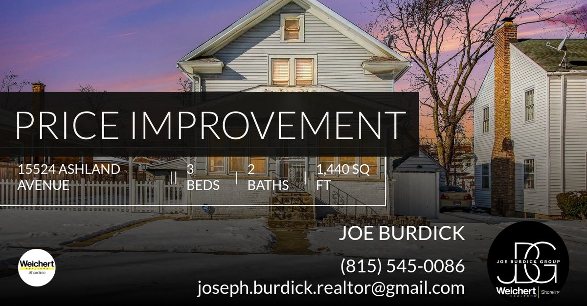 JoeBurdick's tweet photo. 📍 Price Improvement 📍 This recently reduced home at 15524 Ashland Avenue in Harvey won't last long, so, don't wait to set up a showing! Reach out here or at (815) 545-0086 for more information! https://t.co/Wb3zwJ33KZ https://t.co/5gTM9dKIUf