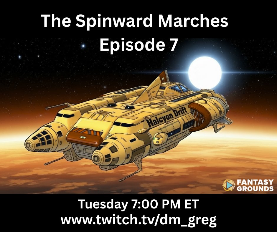 Going live in 2.5 Hours! Mongoose Traveller - The Spinward Marches on Fantasy Grounds VTT.
#vtt #TTRPG #Traveller

<a href="/FantasyGrounds2/">Fantasy Grounds VTT</a>

<a href="/MongoosePub/">Mongoose Publishing</a>

twitch.tv/dm_greg