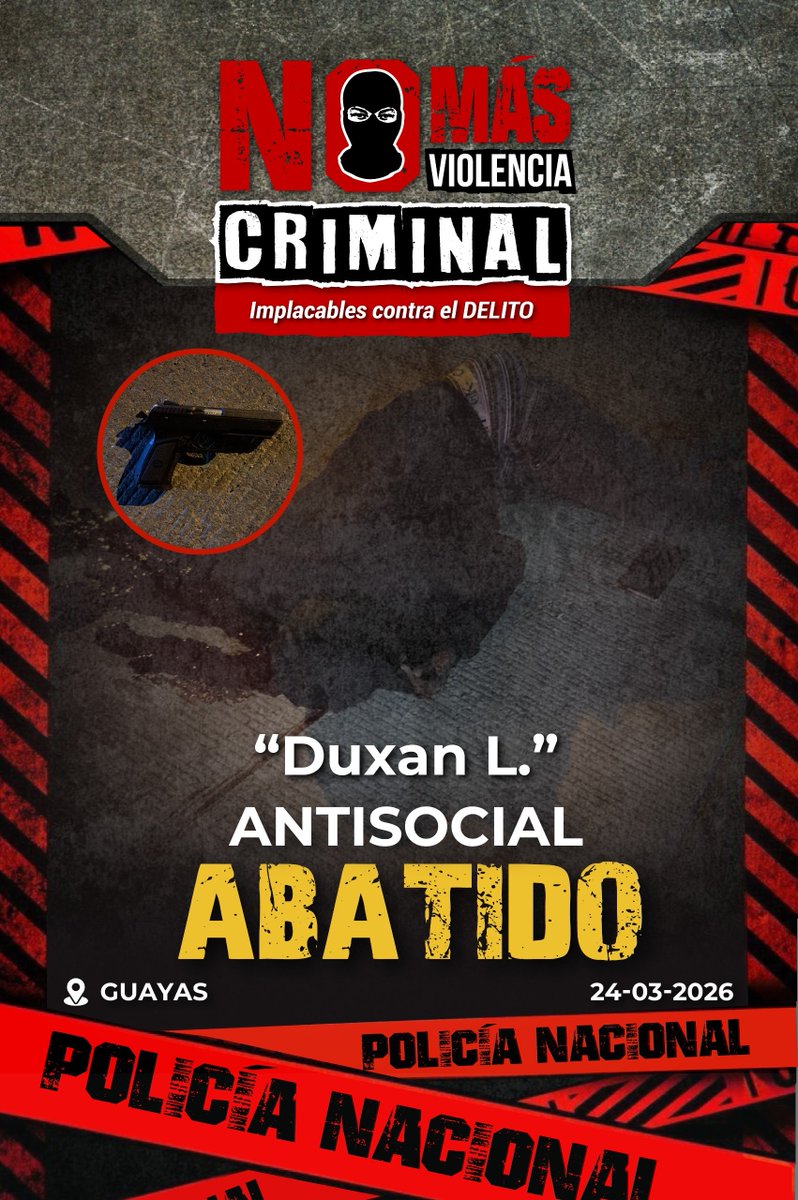 PoliciaEcuador's tweet photo. ANTISOCIAL ABATIDO TRAS DISPARAR A SERVIDORES POLICIALES EN #GUAYAS

Mientras servidores policiales realizaban operaciones disuasivas en el sector de Posorja, distrito Progreso, provincia de #Guayas, identificaron a varios sujetos encapuchados que, al notar la presencia policial, emprendieron la huida y realizaron disparos contra los uniformados.

Ante el riesgo inminente, durante la persecución ininterrumpida, un servidor policial hizo #UsoLegítimoDeLaFuerza para neutralizar la amenaza, resultando un antisocial abatido, quien portaba un arma de fuego y otros indicios asociativos. 

Sin tregua contra quienes atenten contra la vida y contra el accionar policial, y cero tolerancia para quienes intenten imponer la violencia mediante el uso de armas de fuego.

Los identificamos.
Los enfrentamos.
Los neutralizamos.

#PolicíaEcuador
#ServirYProtegerConFirmeza
#ImplacablesContraElDelito