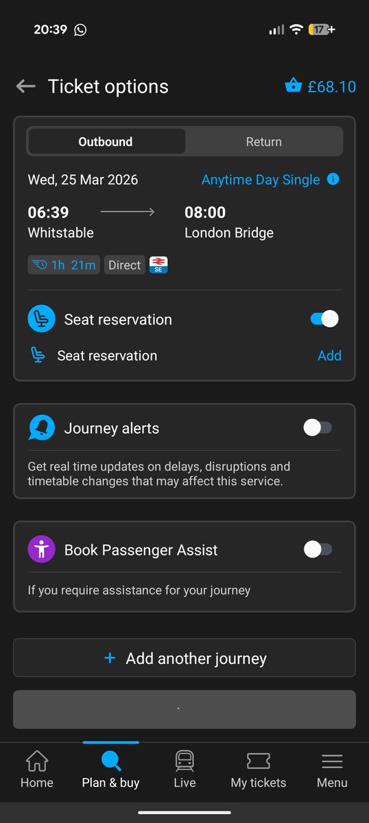 The_B_J_D's tweet photo. @Se_Railway guys. Whenever I try to get a ticket on the app it always sits on this screen for absolutely ages. Any ideas? Struggling to buy one for tomorrow. https://t.co/Qp4ZNEh1YX