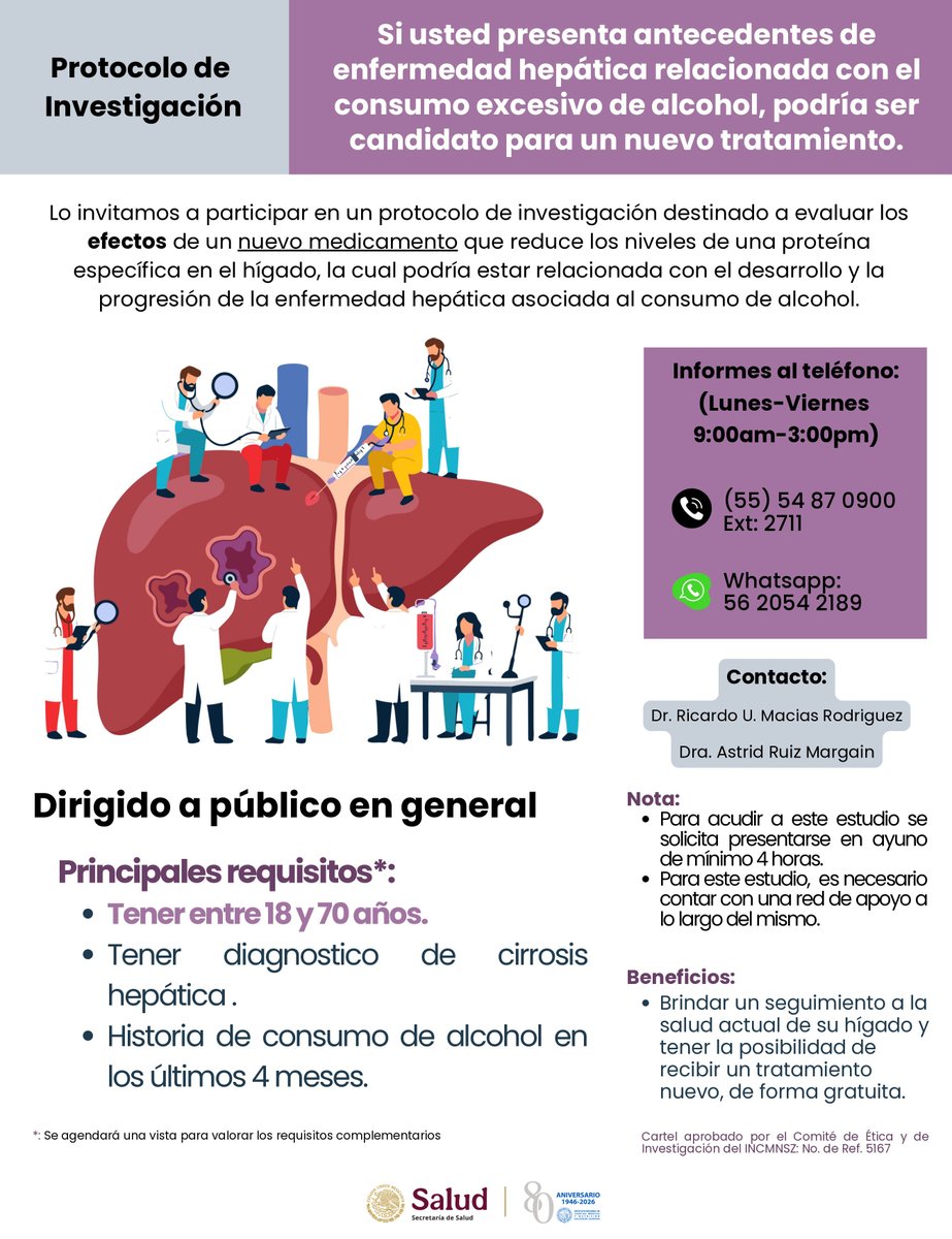 incmnszmx's tweet photo. Participa en un protocolo de investigación destinado a evaluar los efectos de un nuevo medicamento que reduce los niveles de una proteína en el hígado, lo cual podría estar relacionada con el desarrollo y progresión de la enfermedad hepática asociada al consumo del alcohol. https://t.co/Ggdr7Bzpwf