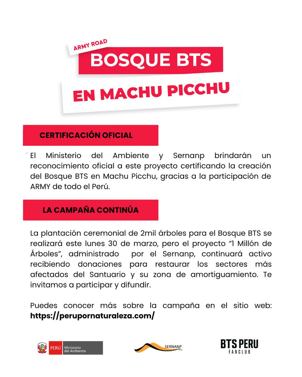 bts_peru1's tweet photo. ARMYs, están totalmente invitados a participar en este proyecto, en la plantación o a través de tu donación a la campaña "1 Millón de Árboles".

Más detalles de cómo participar y/o ayudar en el formulario a continuación: https://t.co/AQG9ssmdNh https://t.co/abfGBR9y2r