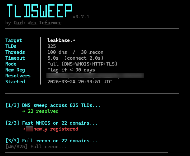 DarkWebInformer's tweet photo. This internal script I've been using to find different domains that were just registered. I'm getting closer to releasing it on GitHub... it's fairly simple and brings back results very quick.

It is a Python script that scans a base domain across 800+ TLDs to enumerate registered variants. It pulls DNS, WHOIS, TLS and HTTP data with exporting to different formats.

Likely a week or so away.