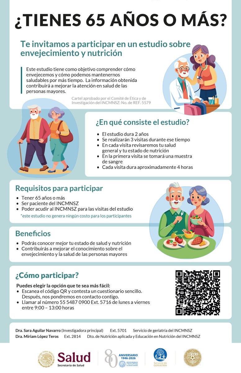 incmnszmx's tweet photo. Te invitamos a participar en un estudio sobre envejecimiento y nutrición, tiene como objetivo comprender cómo envejecemos y cómo podemos mantenernos saludables por más tiempo.
Protocolo y cartel aprobado por el Comité de Ética y de Investigación. https://t.co/RnCKHFt918