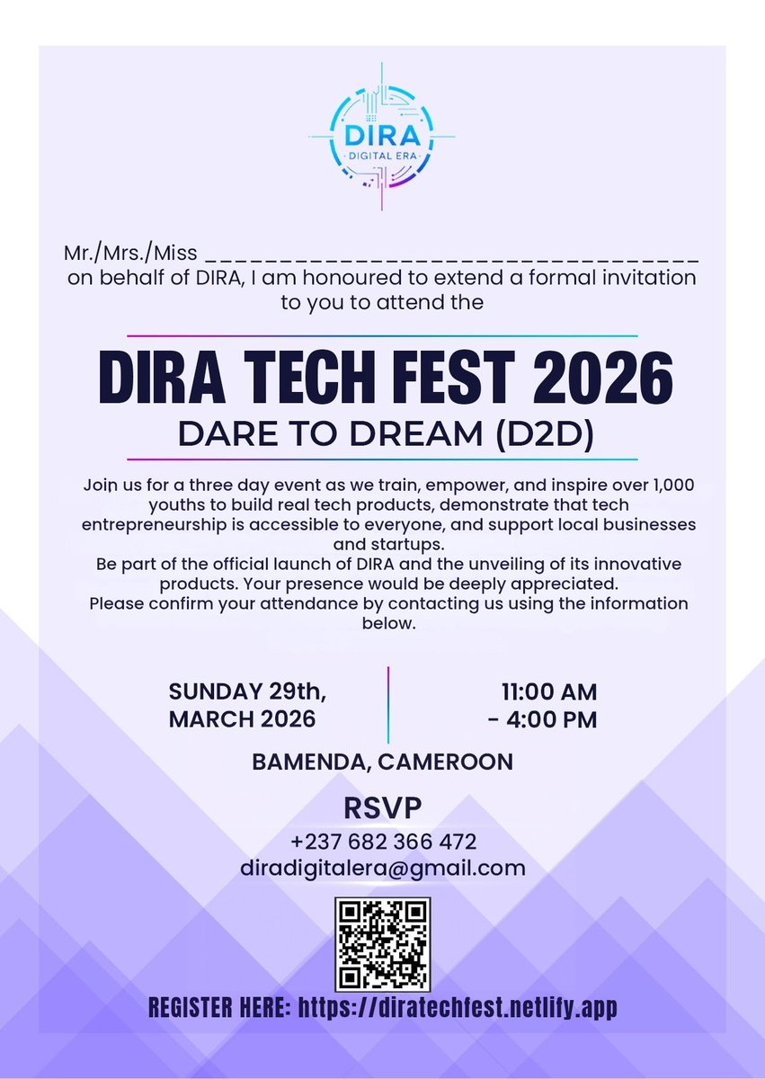 diradigitalera's tweet photo. Dear All, accept our invitation to attend the DIRA Tech Fest.
Join us as we celebrate innovation, creativity, and build the digital economy in the Northwest region, Bamenda.
March 29th, Big Mankon Cathedral Hall.
RSVP at https://t.co/yHsngnmUhz
#seeyou #weekend #techfest #DIRA https://t.co/nGmn8ZvmQX