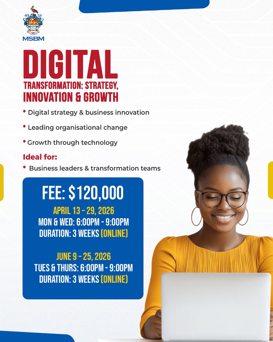 MSBM_Jamaica's tweet image. Digital change won’t wait. MSBM’s Digital, AI &amp;amp; Business Transformation courses equip you to lead with AI, drive innovation, and stay ahead.

👉 Register now and take the lead.

#MSBM #DigitalTransformation #AIForBusiness #ShortCourses