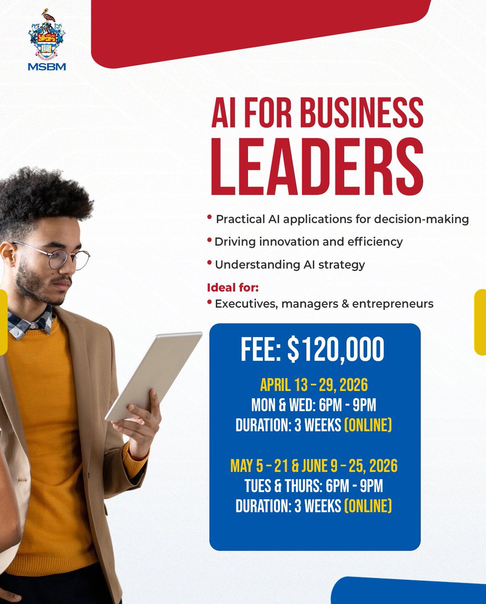 MSBM_Jamaica's tweet image. Digital change won’t wait. MSBM’s Digital, AI &amp;amp; Business Transformation courses equip you to lead with AI, drive innovation, and stay ahead.

👉 Register now and take the lead.

#MSBM #DigitalTransformation #AIForBusiness #ShortCourses