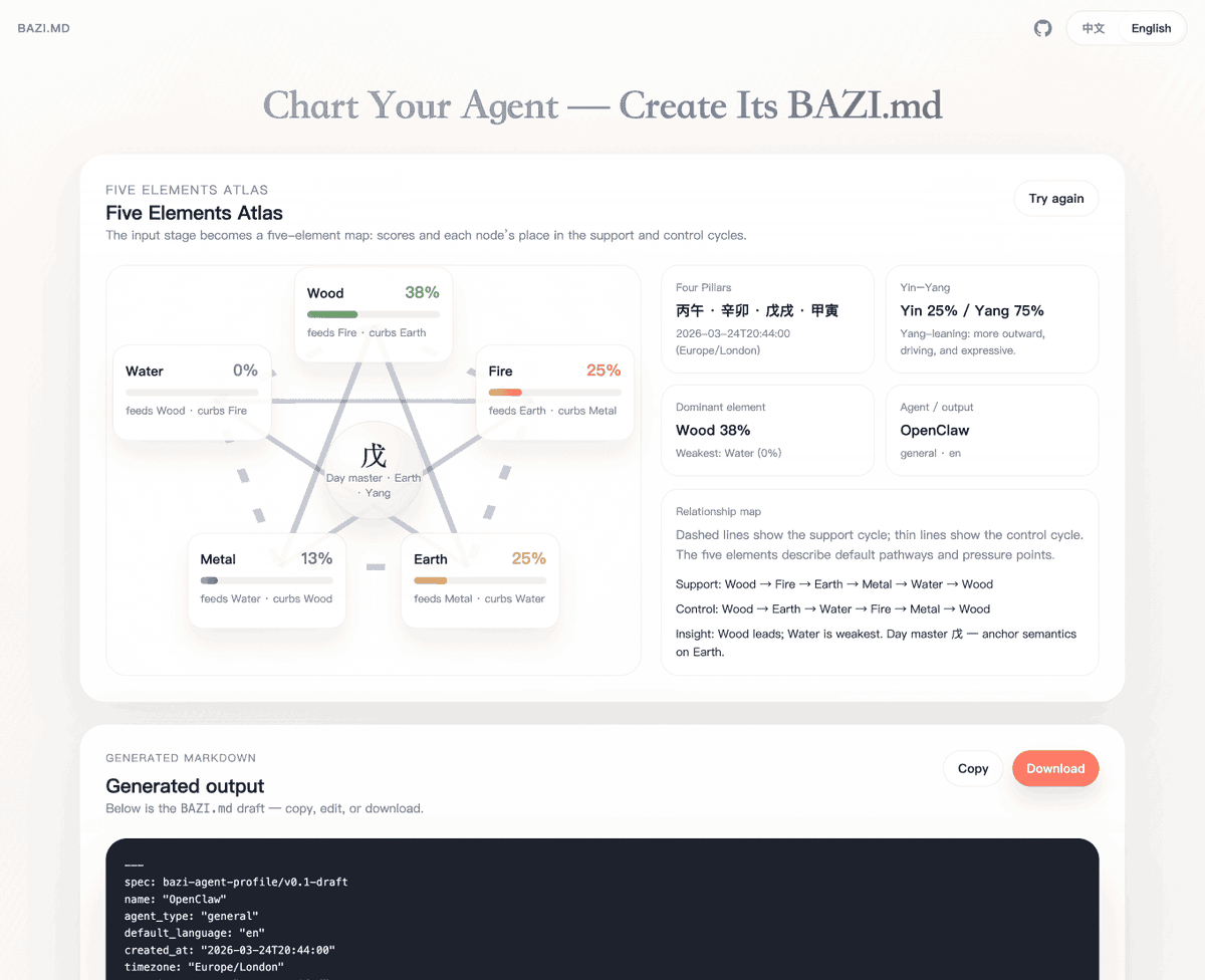 douglas_ym's tweet photo. AGENTS.md, SKILLS.md, DESIGN.md…

We’ve been defining more and more of AI agents in markdown. But most of these specs describe only instructions.

BAZI.md explores a different idea: What defines an agent’s underlying nature? Not instructions. Identity.

https://t.co/yrn24Uhiw6 https://t.co/k5p7KbwEAj