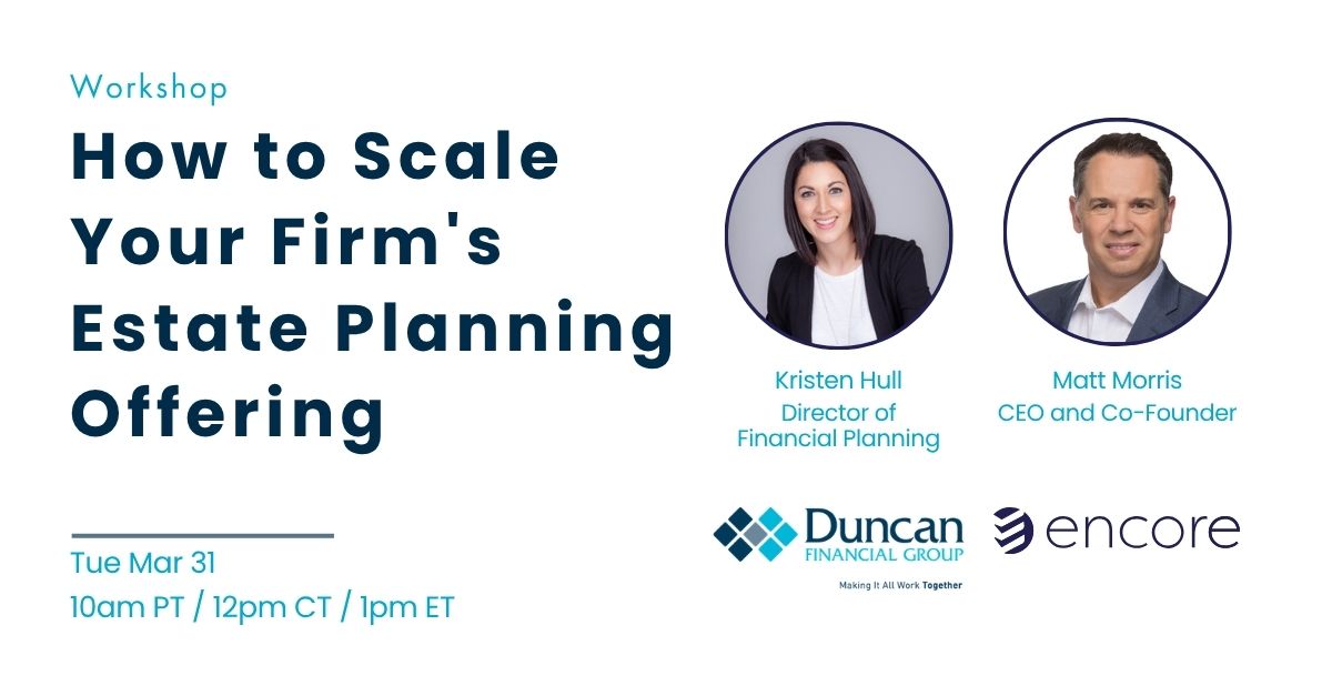encorestateplan's tweet photo. "How do I scale estate planning at my firm?"

🔝 That is THE question we hear from advisors time and time again.

EncorEstate Plans has tons of support materials in its Knowledge Base to help advisors do just that!

To add to that: Why not listen to advisor's advisor Kristen Hull (Director of Financial Planning at Duncan Financial Group, a Cambridge Investment Research, Inc. OSJ) who shares EXACTLY how she built and grew Duncan's comprehensive estate planning services over the last two years into the core business offering it is today?

Save your spot at the workshop 👉 https://t.co/yRyztMMTuf

In Kristen's session, she'll share her lessons from building and fine-tuning Duncan's estate planning system over the last two years, and how she is thinking about scaling all of it for their next wave of clients coming in this year.

You’ll learn:
🧱 How Kristen built and refined her firm's estate planning model over the last two years, and how you can incorporate what’s working well for them at your firm.
🤝 Why going beyond creating estate documents by giving clients the ability to get deeper financial planning coaching and education from the Duncan team delivers even more value and deepens relationships with them.
💪 How Kristen is scaling Duncan's estate planning system this year to better serve their influx of clients.

RSVP to the workshop ➡️ https://t.co/yRyztMMTuf 

We'll send you the replay if you can't make it. And come prepared with your questions!