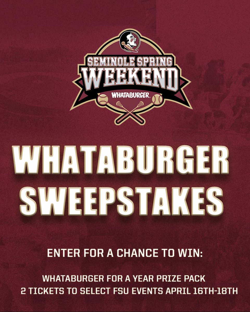 Seminoles's tweet image. To celebrate Seminole Spring Weekend on April 16-18, @Whataburger is giving a free 𝐖𝐇𝐀𝐓𝐀𝐁𝐔𝐑𝐆𝐄𝐑 𝐅𝐎𝐑 𝐀 𝐘𝐄𝐀𝐑 prize pack, as well as tickets to Florida State Athletic events throughout the weekend! 🍢

🔗 fsusbi.co/whataburgerswe…

#GoNoles