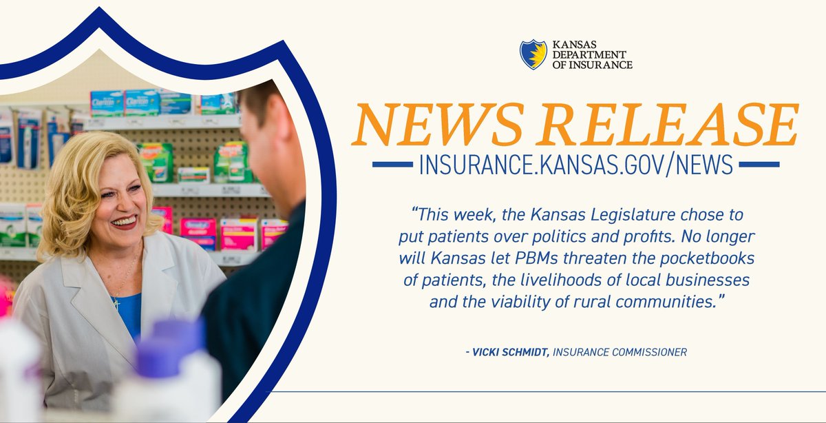 KSinsurancedept's tweet photo. Kansas Insurance Commissioner Vicki Schmidt hails passage of major PBM reform 

Read the full article here: https://t.co/SoKXH9mYIP 
For more Department news, visit: https://t.co/OxogQyxYqd https://t.co/BJuUDpxSZO
