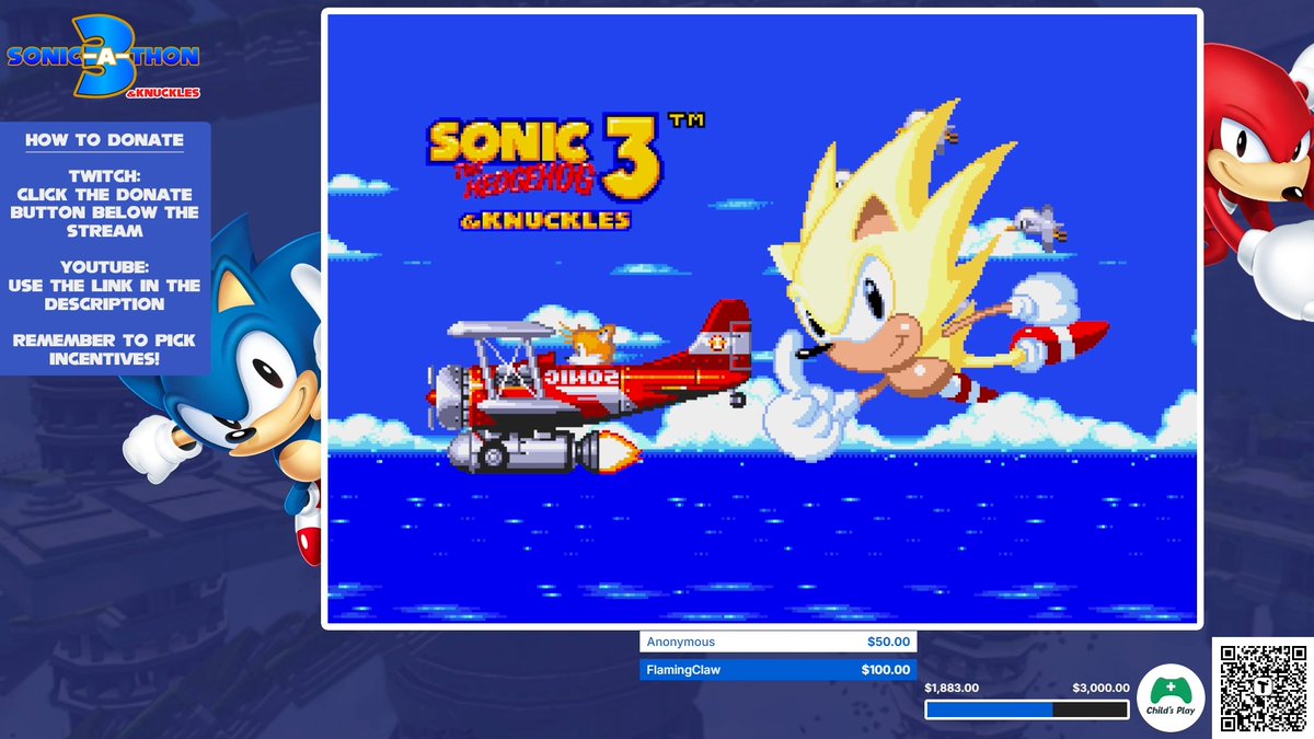 HMarathons's tweet photo. That's a wrap on Sonic-a-thon 3 &amp; Knuckles! As per usual, there were plenty of memes, highs and lows but in the end we may just shy of $1900 for Child's Play! Thank you all for your support.

Tune in tomorrow for the start of the bonus block! https://t.co/30eQXpttRA